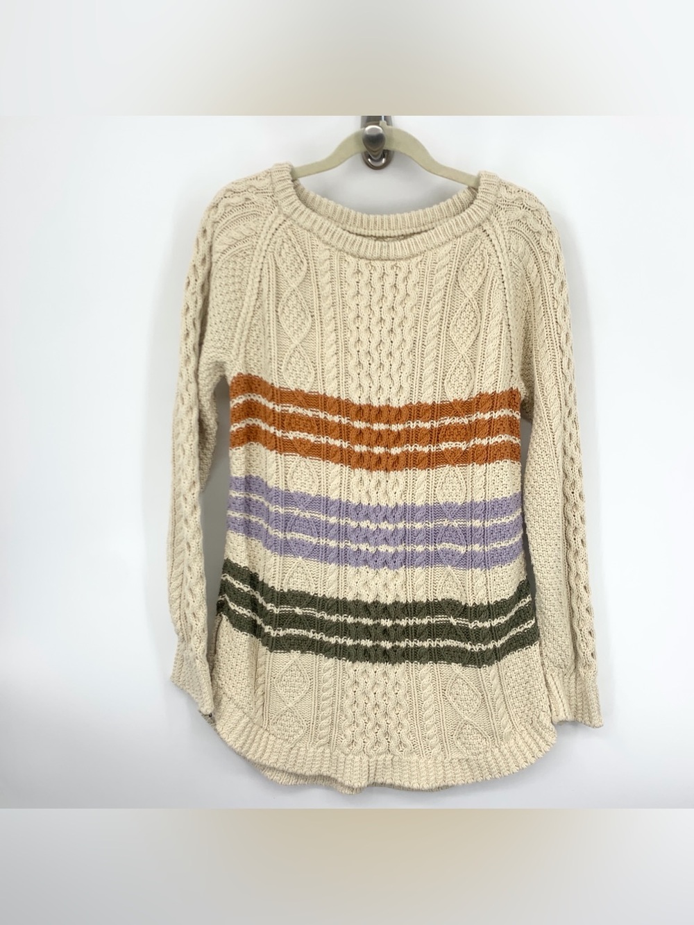 LL Bean Signature Women Size Medium Sweater Beige Stripe Cotton Fisherman Knit